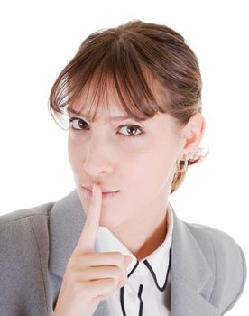woman in business clothing requests to keep quiet
