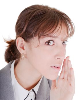 woman in business clothing whisper (matter) on white