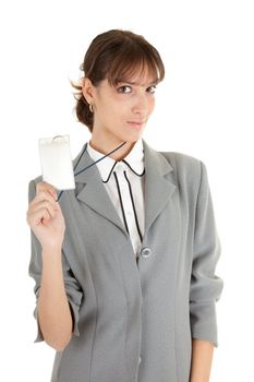 young girl in a gray business suit on white background