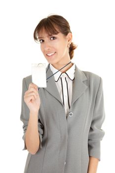 young girl in a gray business suit on white background