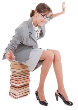 business woman  in spectacles and book on white
