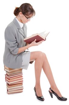 business woman  in spectacles and book on white