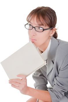 business woman  in spectacles and book on white