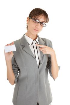 young girl in a gray business suit on white background