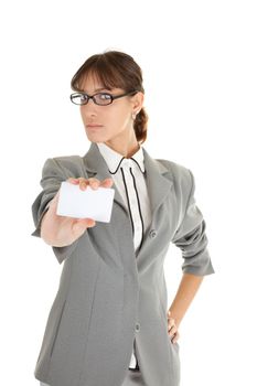 young girl in a gray business suit on white background