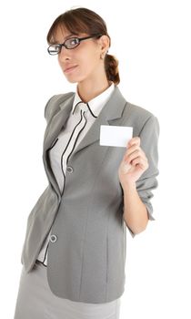 young girl in a gray business suit on white background