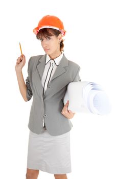 young girl in a gray business suit on white background