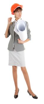 young girl in a gray business suit on white background