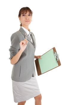 young girl in a gray business suit on white background