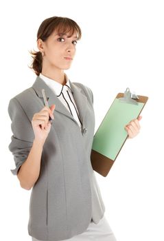 young girl in a gray business suit on white background