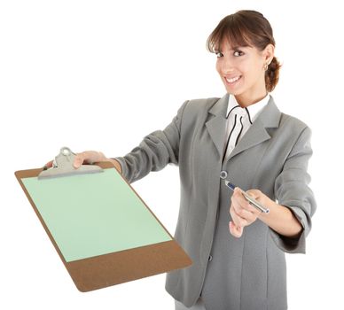 young girl in a gray business suit on white background