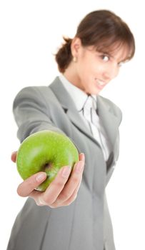  smiling woman in business clothing with apple