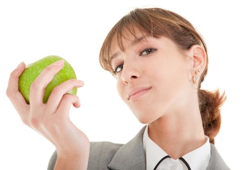  smiling woman in business clothing with apple