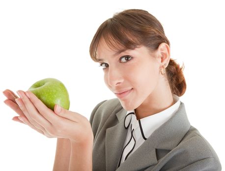  smiling woman in business clothing with apple