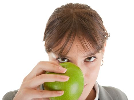  smiling woman in business clothing with apple