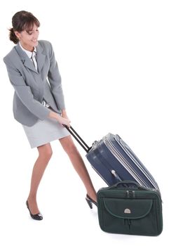 business woman  with a luggage on white background