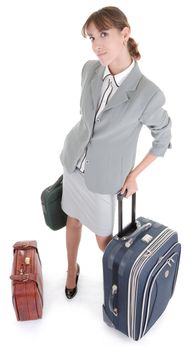 business woman  with a luggage on white background