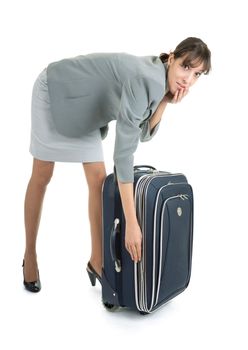 business woman  with a luggage on white background