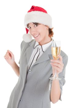 portrait of business girl in Santa hat and with champagne