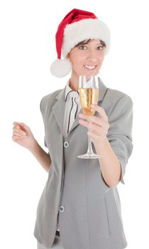 portrait of business girl in Santa hat and with champagne