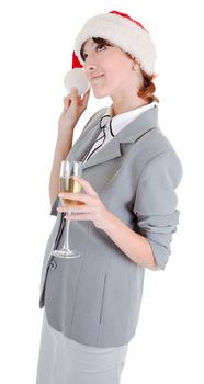 portrait of business girl in Santa hat and with champagne