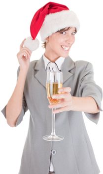 portrait of business girl in Santa hat and with champagne