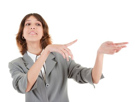 young girl in a gray business suit on white background