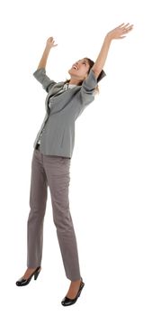 young girl in a gray business suit on white background