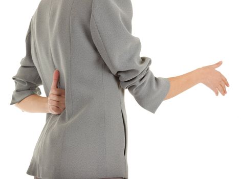 young girl in a gray business suit on white background