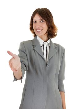 young girl in a gray business suit on white background