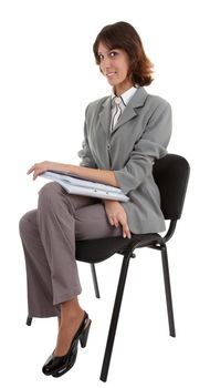 young girl in a gray business suit on white background