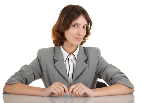 young girl in a gray business suit on white background