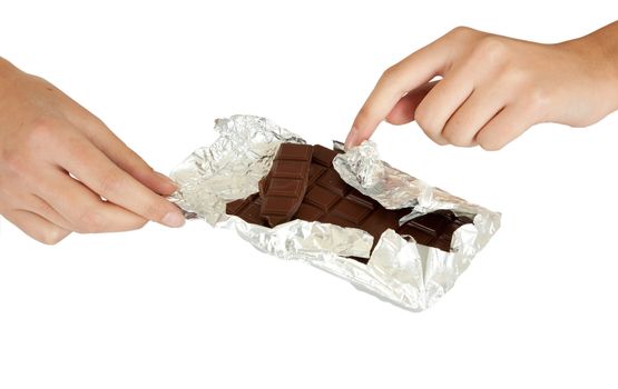 young girl with a chocolate bar in hand on a white background