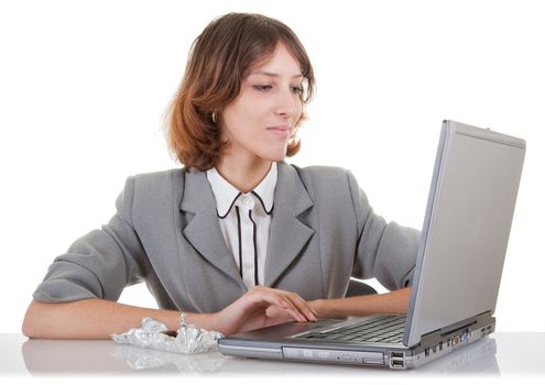 business woman  and laptop on white background