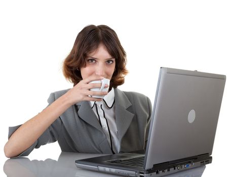 young girl in a gray business suit on white background