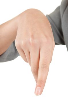 skip sign with his hand on a white background