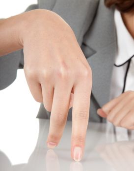 skip sign with his hand on a white background