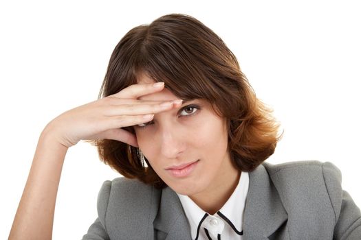 young girl in a gray business suit on white background