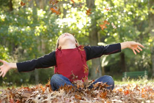 A boy throws fallen leaves up into the air.
Thre is some motion in the hands and falling leaves