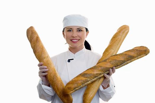 Baker holding a variety of long french sticks