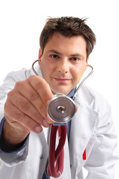 Doctor leaning over a patient with his stethoscope in hand to perform a checkup or medical examination. 