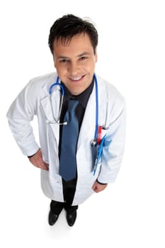 Friendly doctor or healthcare worker looking up and smiling - white background.