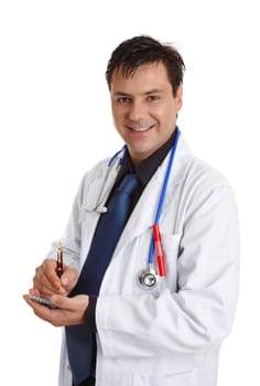 Smiling medical doctor with writing pen and pad.