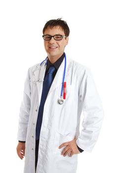 Medical doctor or other healthcare worker  in uniform standing and smiling cheerfully.