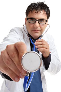 A doctor wearing glasses  in medical uniform using a stethocope.