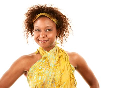 Pretty African American Woman in Green Print Wrap Dress