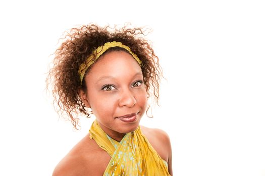 Pretty African American Woman in Green Print Wrap Dress