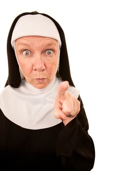 Intimidating funny senior nun pointing her finger