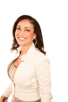 Pretty Hispanic woman with big smile in white jacket