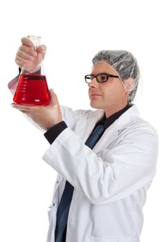Scientist studies a substance reaction in erlenmeyer flask